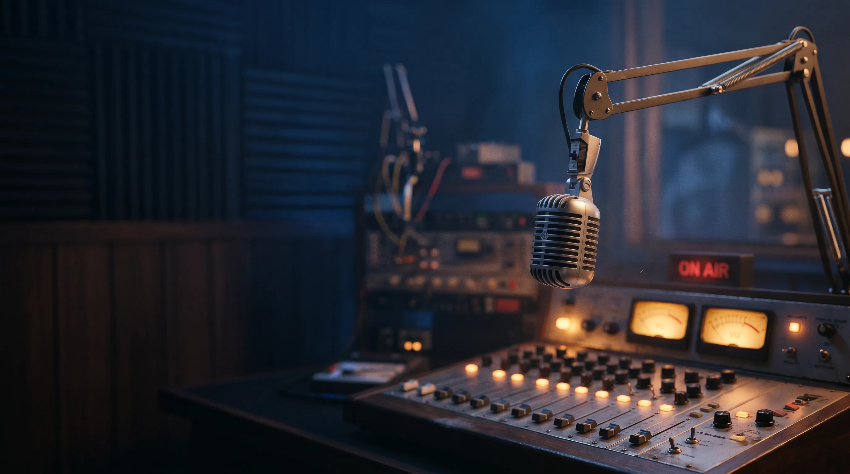 Klassisches Rundfunkstudio mit Mikrofon, ON-AIR-Schild und analogem Mischpult