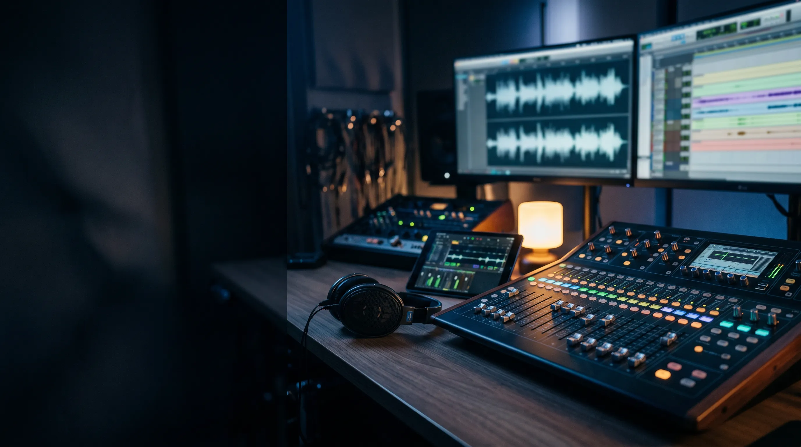 Medienproduktions-Pult mit Audio-Waveforms, Mischpult und Kopfhörer