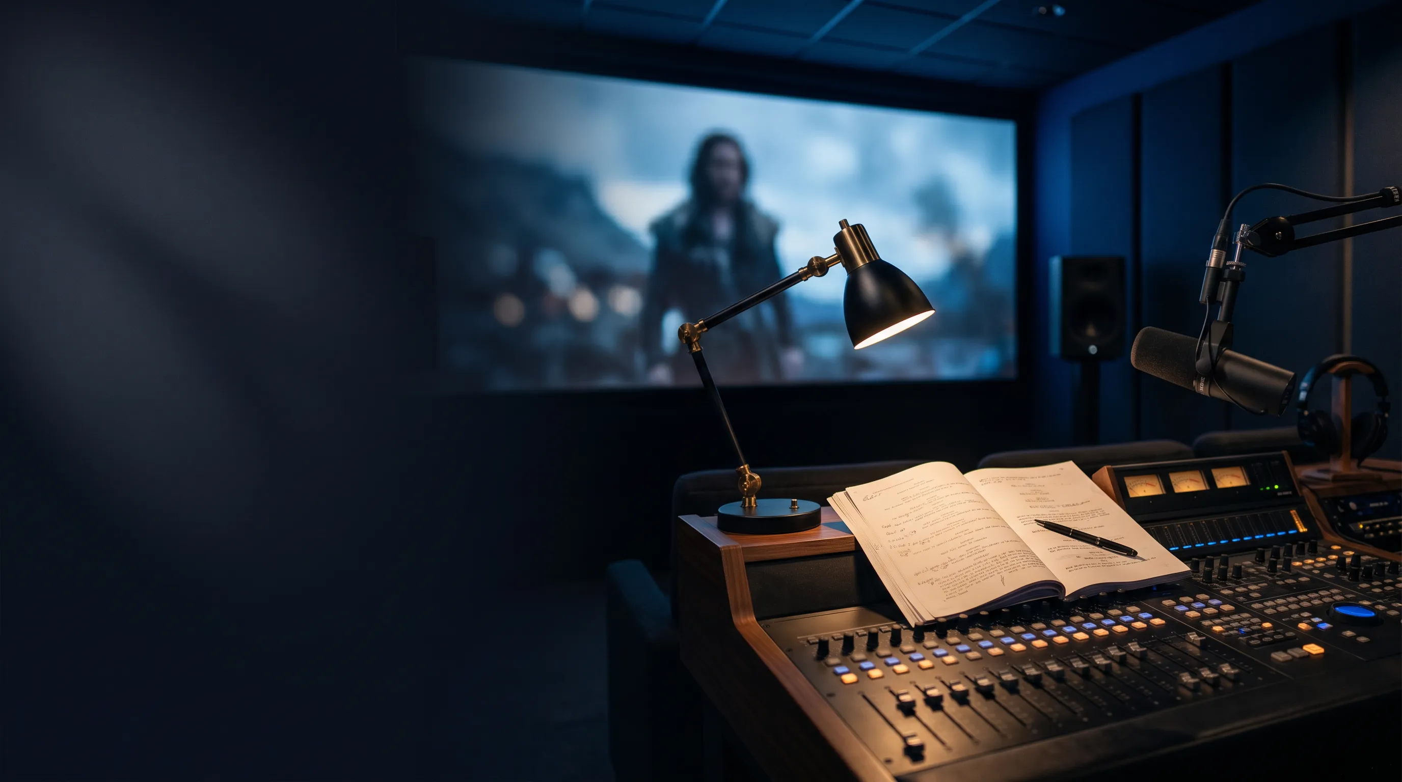 Synchronstudio mit Kinoleinwand, Drehbuch und Mischpult