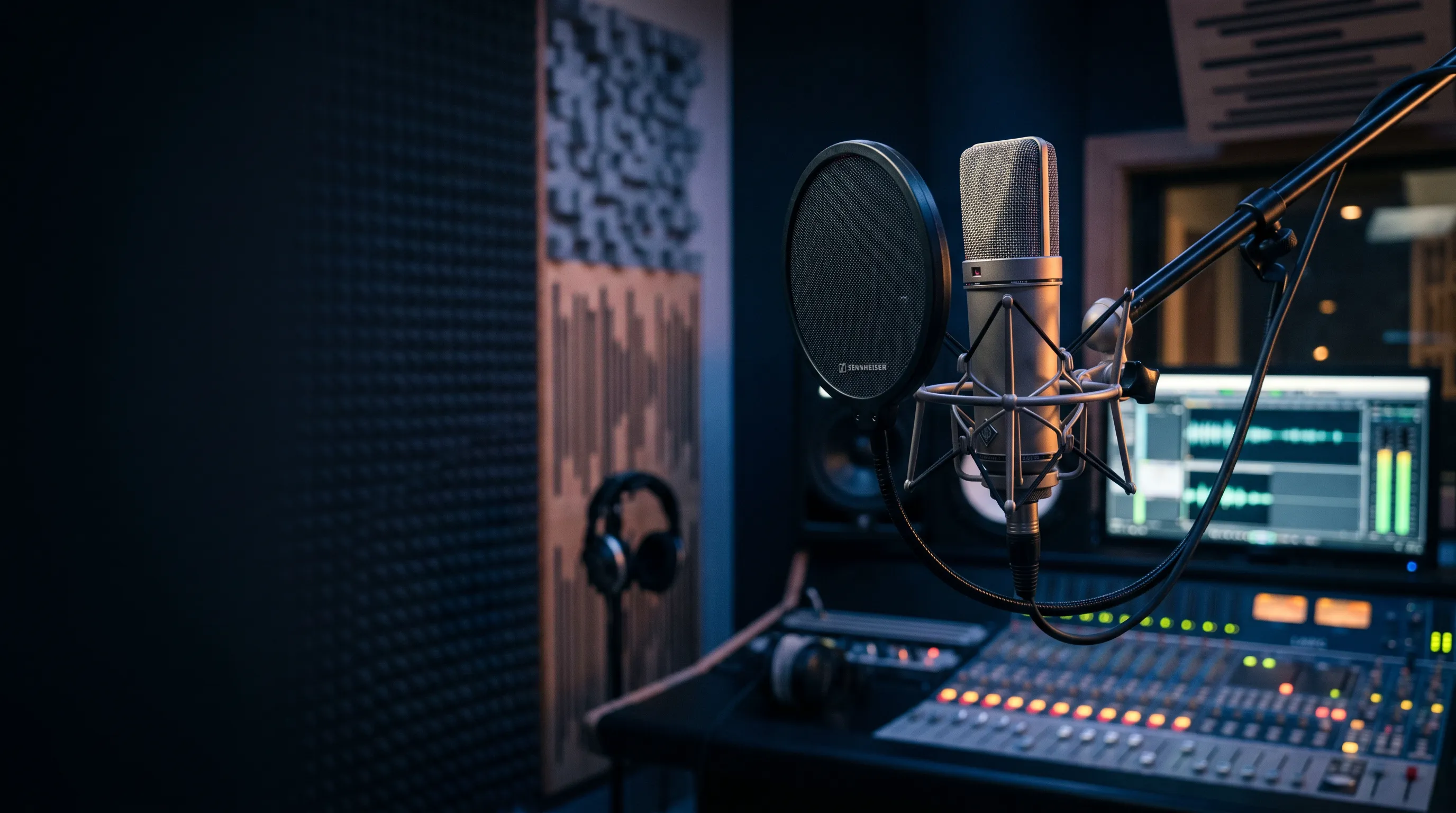 Professionelles Synchronstudio mit Kondensatormikrofon, Mischpult und Studiomonitoren
