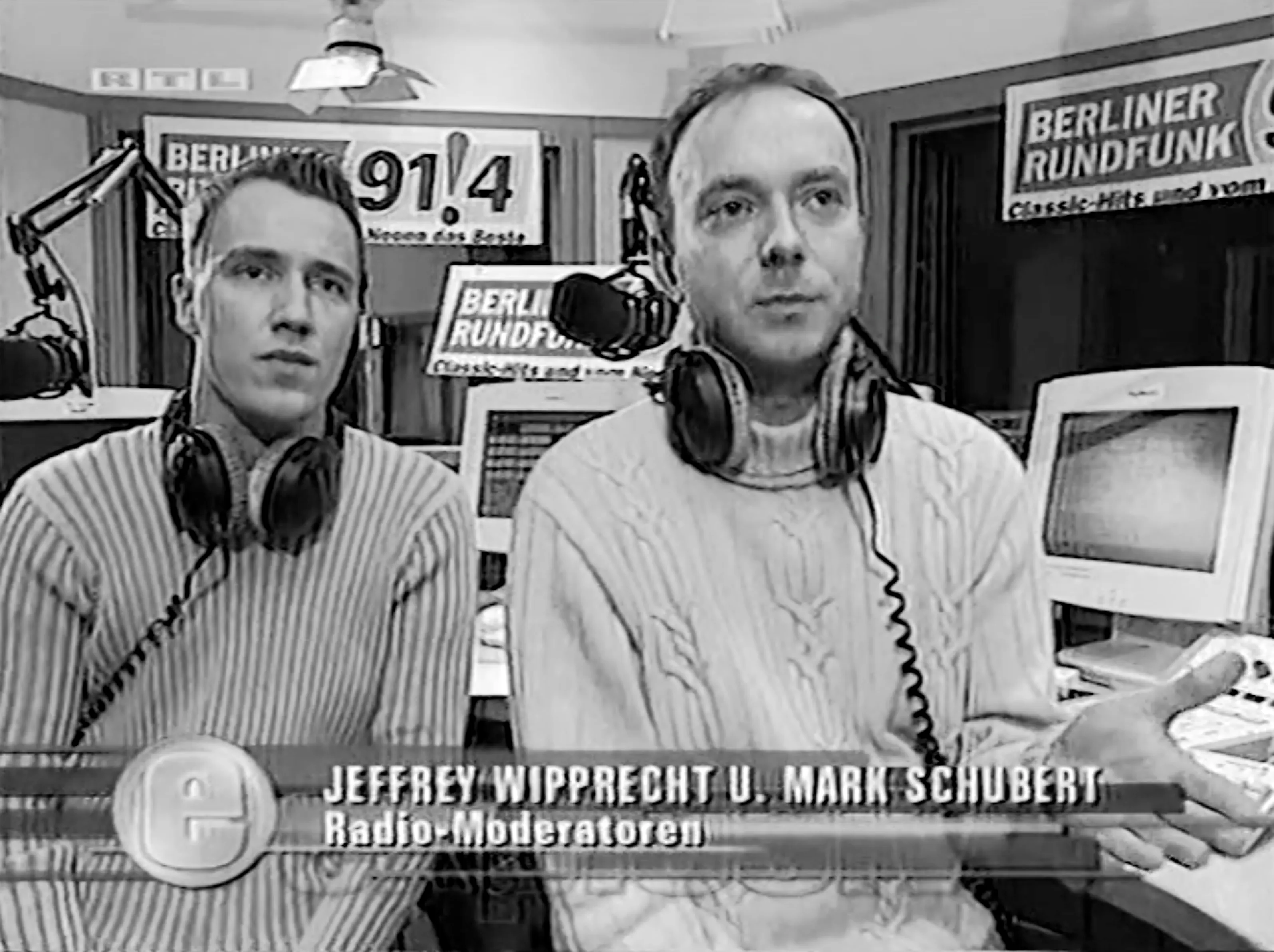 Fernsehbild von Jeffrey Wipprecht und Mark Schubert beim Berliner Rundfunk 91.4