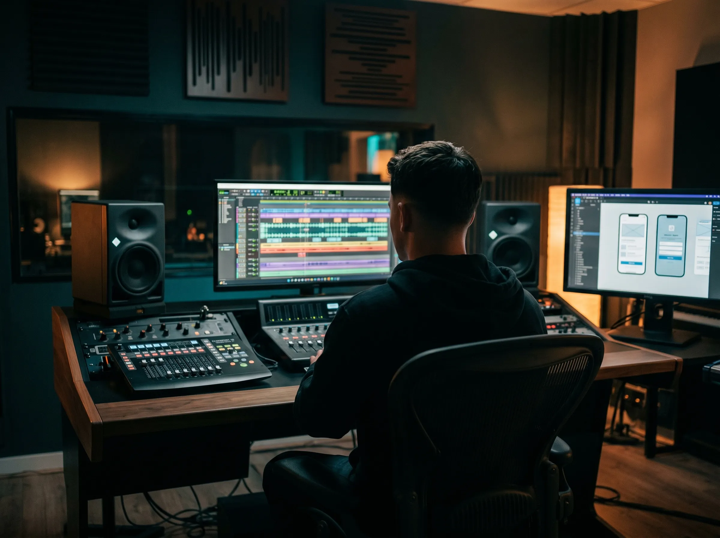 Jeffrey Wipprecht als Produzent im Studio – Audioschnitt und App-Entwicklung am Produktionsplatz