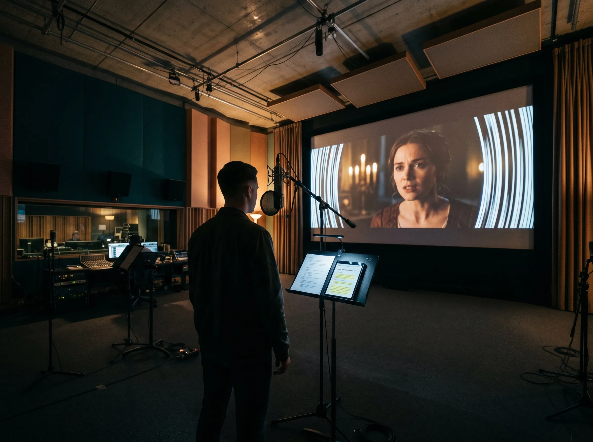 Jeffrey Wipprecht als Synchronsprecher im Studio – am Mikrofon mit Blick auf den Film
